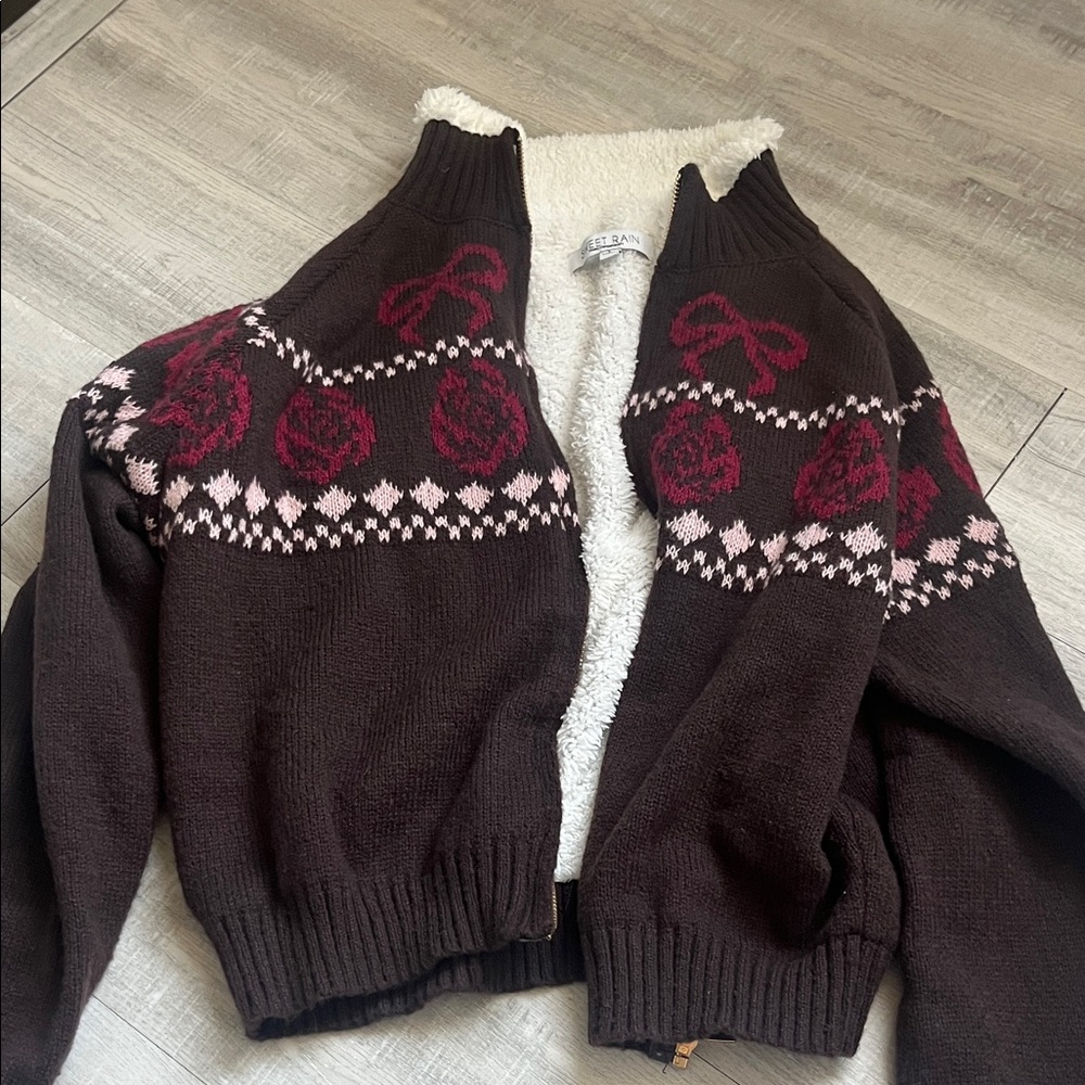 Sweet Rain Brown Knit Zip-Up Jacket with Pink and Burgundy Fair Isle